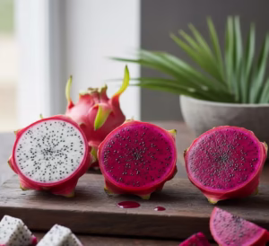 Fresh red dragon fruits with white flesh, red lesh & purple flesh and black seeds on a wooden table