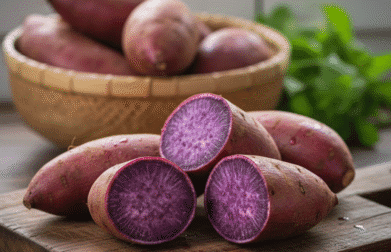 Purple sweet potatoes antioxidant rich root vegetable, superfood with health benefits, vibrant purple flesh.