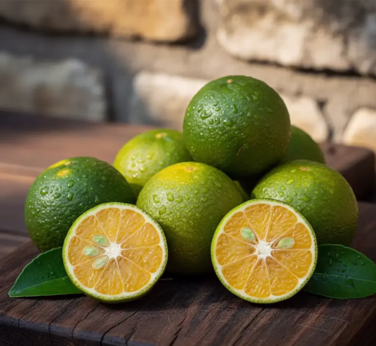 Fresh Vietnamese calamansi fruits, ideal for global export and B2B supply, showcasing bright green and orange small citrus on wooden background
