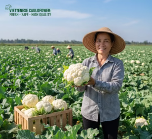 Vietnamese farmer holding fresh cauliflower in a lush green field, showcasing high-quality, safe, and nutrient-rich produce grown under advanced agricultural practices.