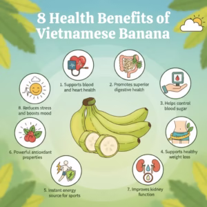 Infographic showing 8 health benefits of Vietnamese bananas, including heart health support, digestion, and weight loss.