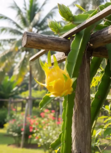 Fresh Vietnamese yellow dragon fruit with bright yellow skin and white flesh displayed among tropical fruits