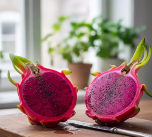 Vietnamese dragon fruit with both red-flesh and purple-flesh varieties displayed together among tropical fruits