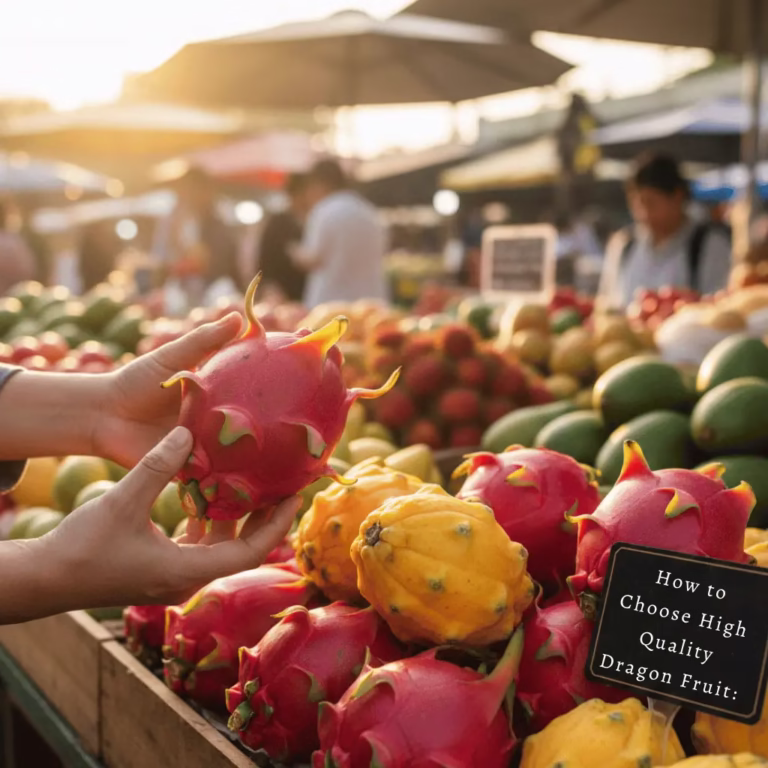How to Choose High-Quality Dragon Fruit guide shown through a shopper selecting fresh dragon fruit at an outdoor market.