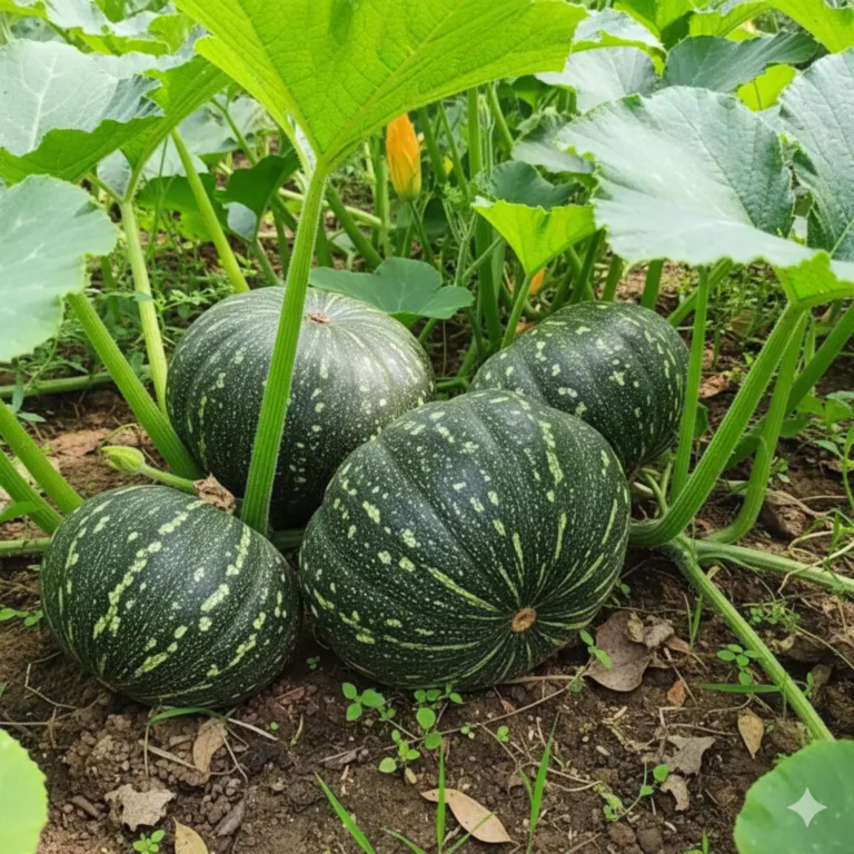 Fresh round Japanese pumpkins growing on the vine in a green farm field