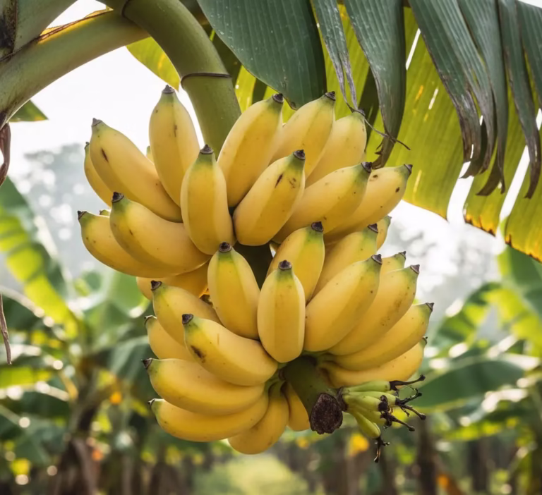 Ripe Vietnamese banana bunch on a tree - Illustrating 8 golden health benefits.