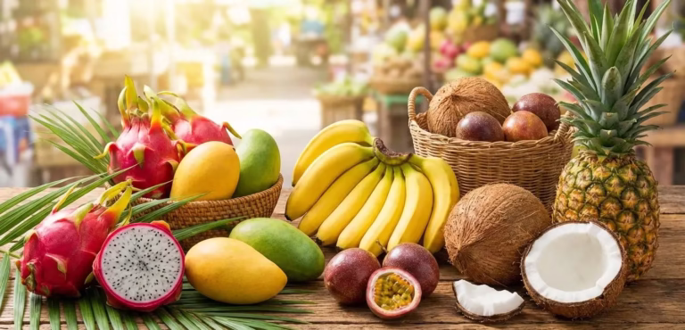 Top Vietnamese fruits for export including mango, pineapple, banana, coconut and dragon fruit displayed together