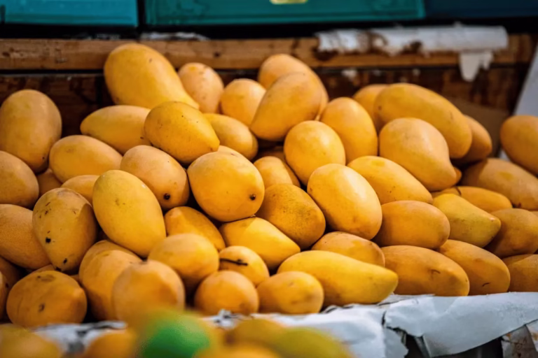 Vietnamese tropical mango neatly stacked on market stall, ready for export