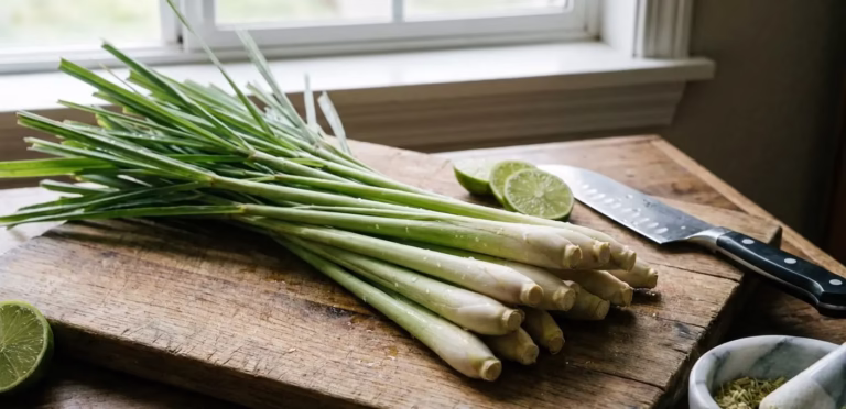 Fresh lemongrass stalks on a wooden table, commonly used in cooking, essential oils, and natural health care