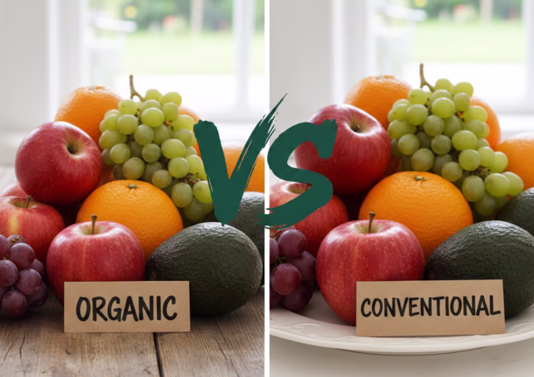 Comparison between organic fruits and conventional fruits highlighting differences in farming methods and quality