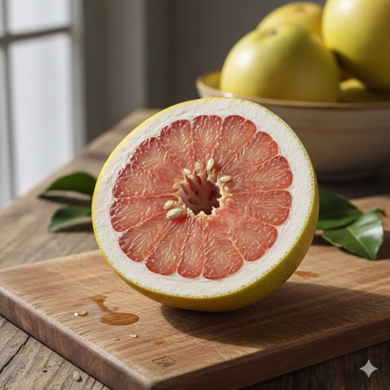 Fresh pomelo cut in half on a wooden board, rich in vitamin C and antioxidants for a healthy diet