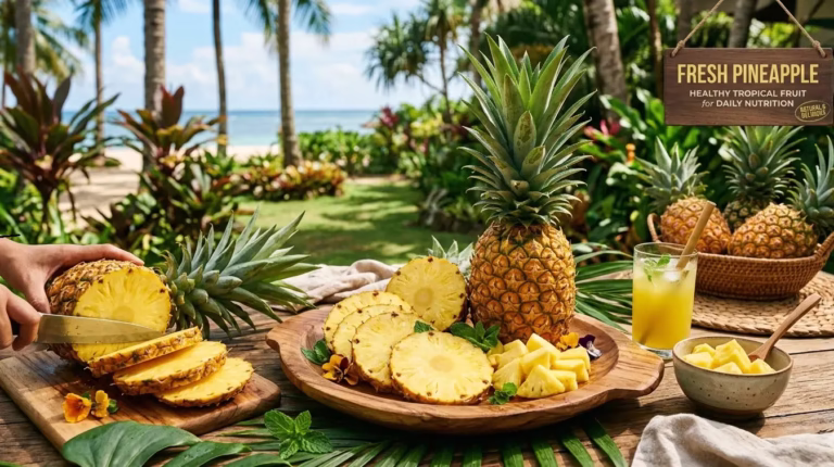 Fresh pineapple fruit slices with tropical juice – healthy natural pineapple for daily nutrition
