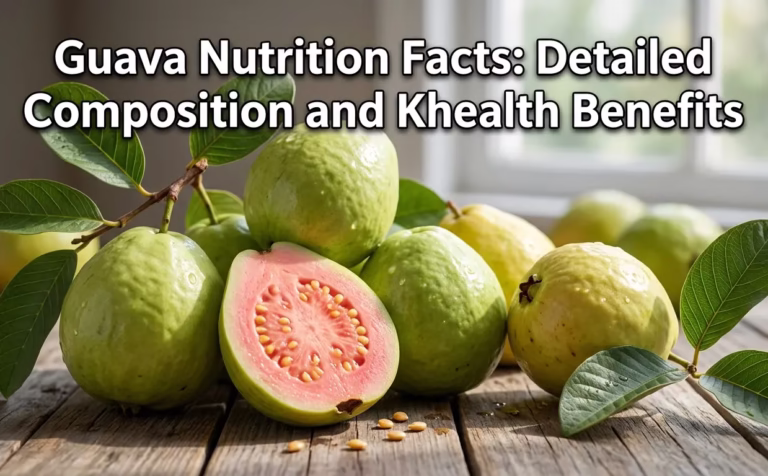 Fresh guava fruits whole and cut in half showing pink flesh, illustrating nutrition facts and health benefits of guava