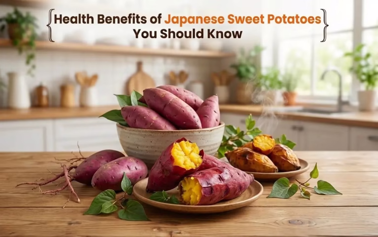 Japanese sweet potatoes on a wooden table showing the health benefits of this nutritious root vegetable