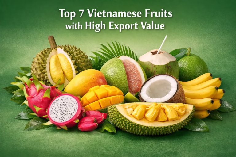 Top 7 Vietnamese fruits with high export value including durian, dragon fruit, mango, coconut, pomelo, banana, and jackfruit