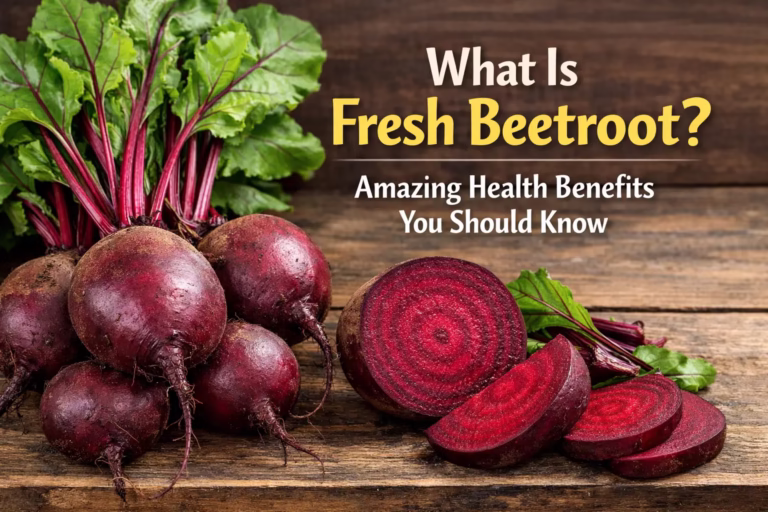 Fresh beetroot with sliced beetroot showing vibrant red color and health benefits title on wooden background