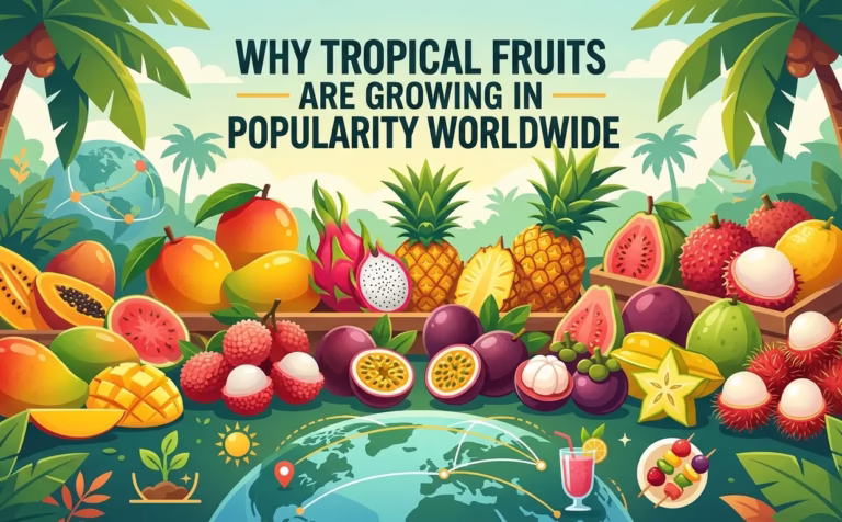 Colorful tropical fruits illustration showing global popularity trends including mango, pineapple, dragon fruit, and papaya