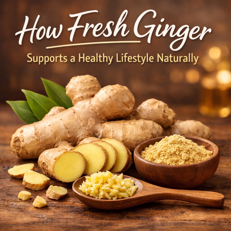 Fresh ginger roots and powder with title “How Fresh Ginger Supports a Healthy Lifestyle Naturally”