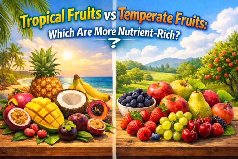Comparison of tropical fruits and temperate fruits with a colorful variety of fresh fruits illustration