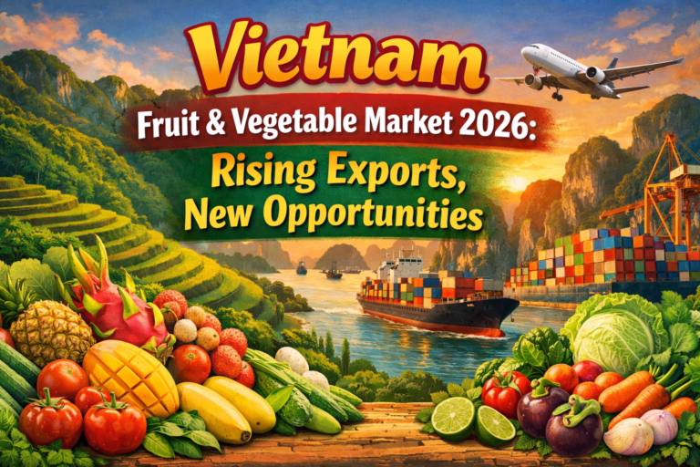 Vietnam Fruit & Vegetable Market 2026 showing rising exports, fresh fruits, vegetables, and Vietnam agricultural landscape