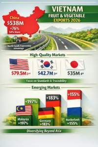 Vietnam fruit and vegetable exports by market 2026 infographic showing China dominance, high-quality markets (US, Korea, Japan) and emerging markets growth (Malaysia, Germany, Netherlands)