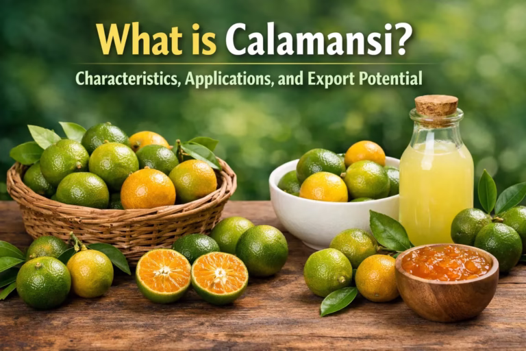 Fresh calamansi fruits, sliced halves, and juice illustrating its characteristics, uses, and export potential