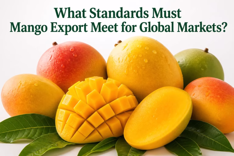 Ripe golden mangoes prepared for international export, representing global agricultural quality standards