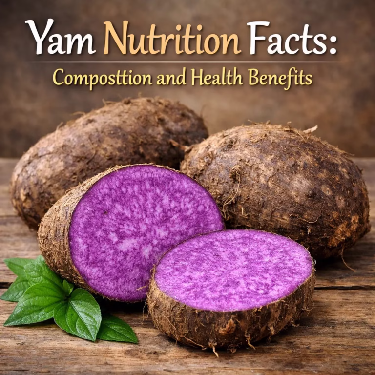 Purple yam sliced open showing nutrition facts and health benefits