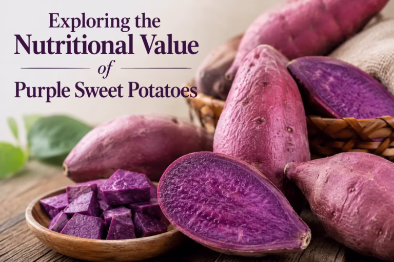 Purple sweet potatoes with vibrant purple flesh, illustrating the nutritional value of purple sweet potatoes.