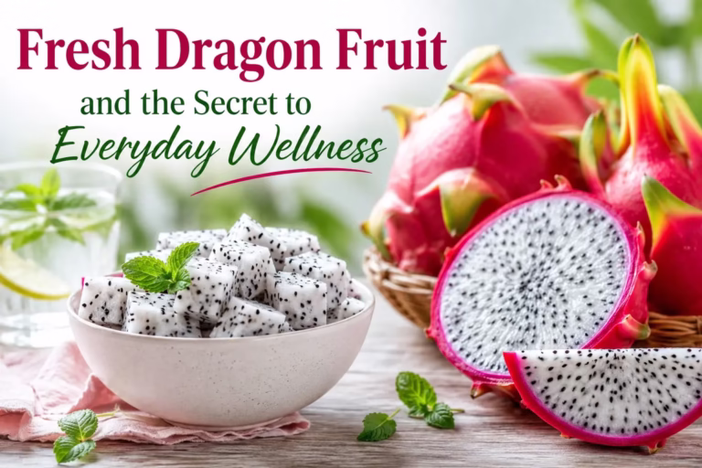 Fresh dragon fruit with sliced white-flesh pitaya showcasing healthy tropical fruit benefits and daily wellness nutrition