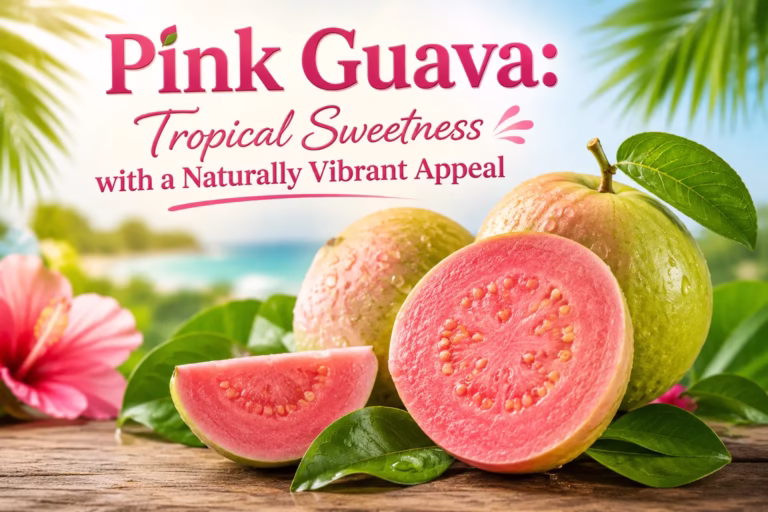 Pink Guava tropical fruit with vibrant pink flesh and fresh green leaves on wooden background