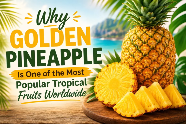 Fresh golden pineapple slices and whole pineapple with the title “Why Golden Pineapple Is One of the Most Popular Tropical Fruits Worldwide”