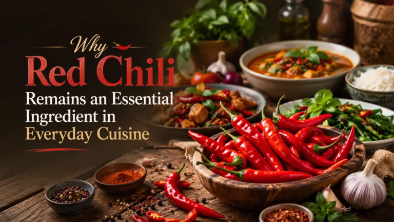 Red Chili in everyday cuisine with fresh red chilies, spices, herbs, and flavorful dishes on a rustic kitchen table