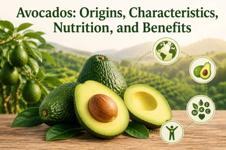 Fresh avocados illustrating their origins, characteristics, nutrition facts, and health benefits