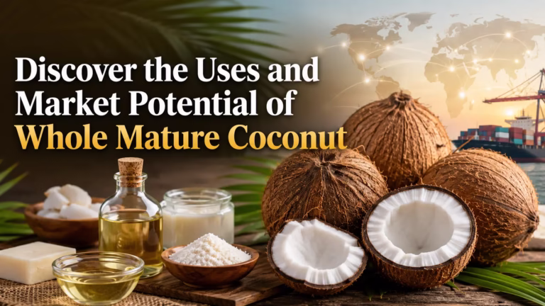 Whole mature coconut with coconut oil, coconut products, and global export market background