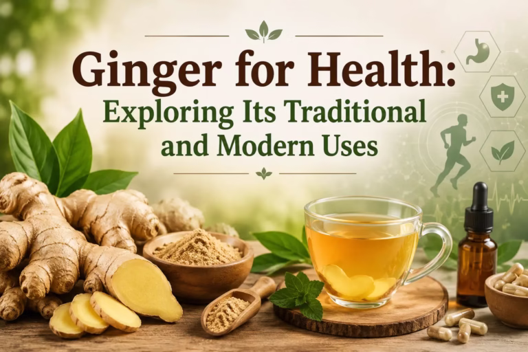 Fresh ginger, ginger tea, and ginger powder illustrating “Ginger for Health: Exploring Its Traditional and Modern Uses”