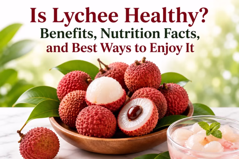 Fresh lychee fruit with peeled lychees showing white flesh, highlighting the health benefits, nutrition facts, and best ways to enjoy lychee.