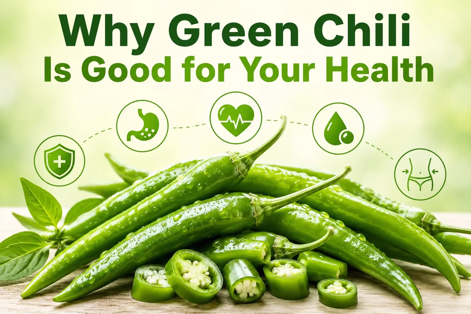 Green chili peppers fresh on wooden surface with health benefit icons, promoting nutrition and wellness benefits of green chili