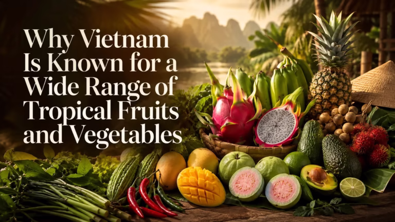Vietnam tropical fruits and vegetables including dragon fruit, mango, pineapple, guava, avocado, chili, and fresh greens.