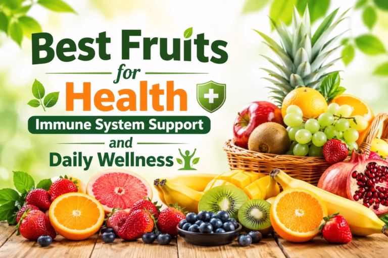 Best fruits for health, immune system support and daily wellness with fresh oranges, kiwi, berries, bananas, grapes and pineapple.