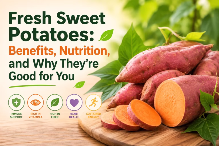 Fresh sweet potatoes with the title "Benefits, Nutrition, and Why They're Good for You", showcasing healthy orange sweet potatoes and their nutritional benefits.