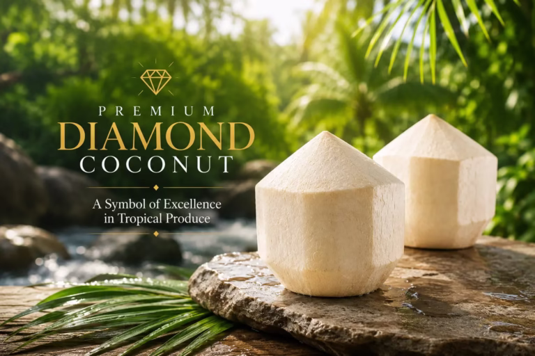 Premium Diamond Coconut – Fresh trimmed diamond coconuts symbolizing excellence in tropical produce