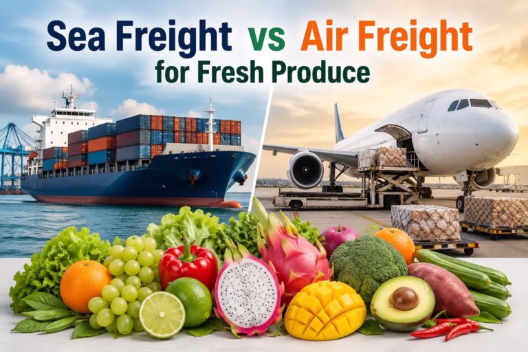 Sea Freight vs Air Freight for Fresh Produce comparison showing cargo ship, airplane, and fresh fruits and vegetables
