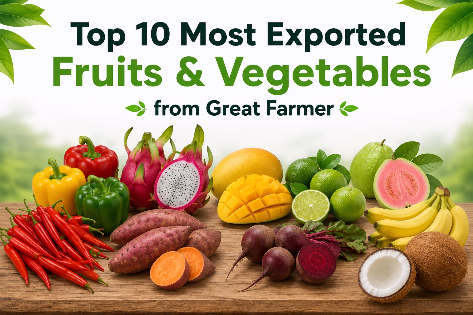 Top 10 most exported fruits and vegetables from Great Farmer including chili, bell pepper, dragon fruit, sweet potato, mango, seedless lime, guava, beetroot, banana and coconut
