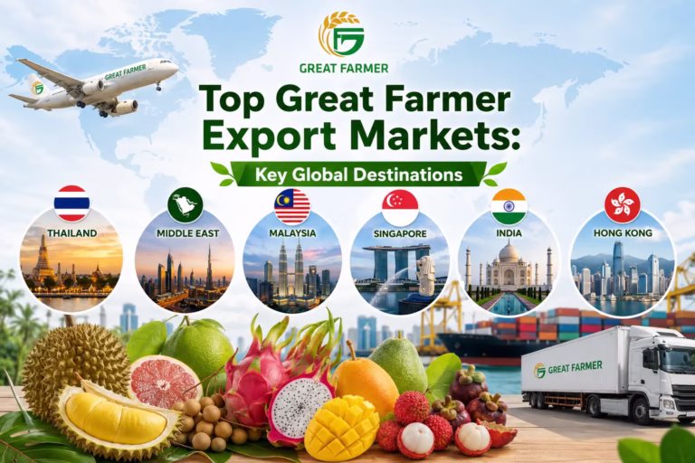 Top Great Farmer Export Markets: Key Global Destinations including Thailand, Middle East, Malaysia, Singapore, India, and Hong Kong for fresh fruit and vegetable exports