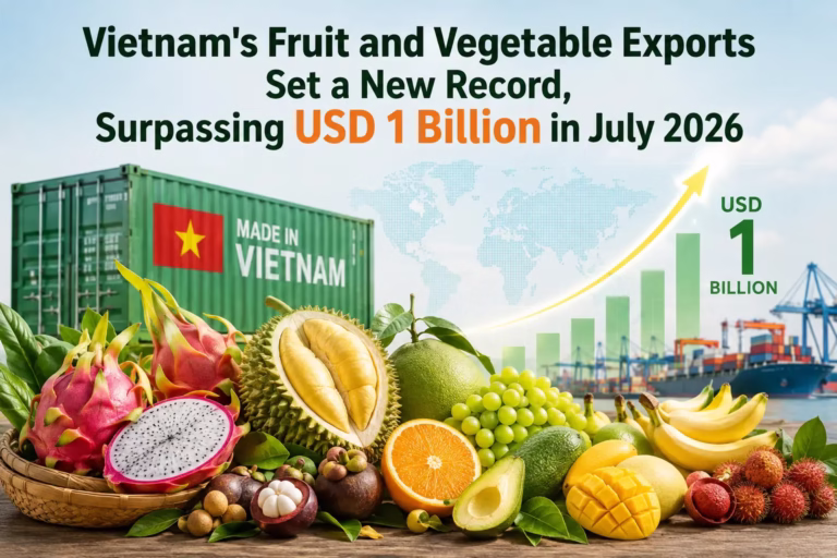 Vietnam’s fruit and vegetable exports surpass USD 1 billion in July 2026, setting a new monthly record.